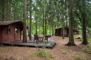 a cabin with a table and chairs in the woods at Kimalase Metsamaja in Misso