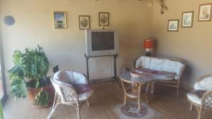 uma sala de estar com cadeiras, uma televisão e uma mesa em La collina delle ginestre em Enna