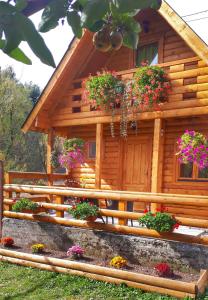 una cabaña de madera con flores delante en Brvnara Borovik en Cetinje