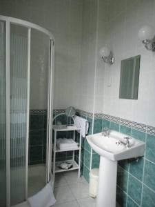 uma casa de banho com um lavatório e um chuveiro em Alpine Guesthouse em Dingle