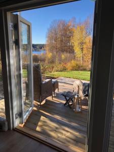 a door open to a patio with a dog on the deck at Lakeview Studio in Stavsjo