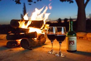 オーツホーンにあるHazenjacht Karoo Lifestyle - Die Melkstalの火の横に座るワイン2杯