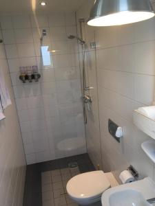 a bathroom with a shower and a toilet and a sink at Het Pulletje in Westzaan