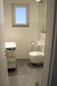 a bathroom with a toilet and a sink and a window at Casa Stetten in Lörrach
