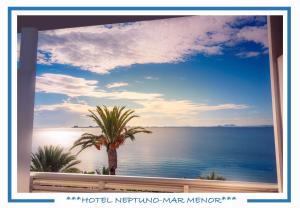 a window with a view of the ocean and a palm tree at Hotel Neptuno in San Pedro del Pinatar