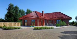 uma casa com um telhado vermelho e um pátio em Port Jeziorak em Iława