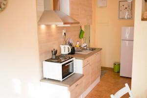 una pequeña cocina con fogones y nevera. en 4 Seasons apartments, A1 en Plovdiv