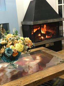 a vase of flowers on a table in front of a fireplace at Pousada dos Anjos in Canela