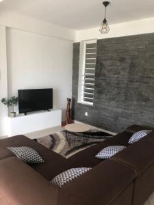 a living room with a couch and a flat screen tv at Appartement « Lilas » SEAVIEW in Le Marin