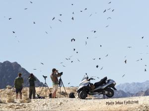 a group of people standing around a motorcycle in the desert at The Birdwatchers Nest in Beʼer Ora