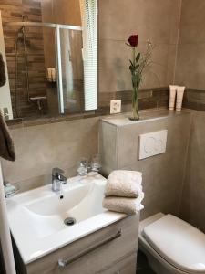 a bathroom with a sink and a vase with a rose at Les Amandiers in Montreux