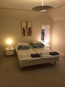 a bedroom with two twin beds and a lamp at Lykkebjerg in Varde