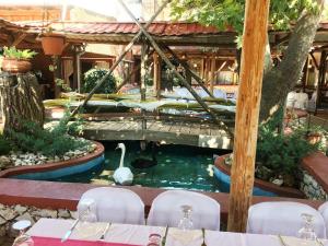 a pool of water with a swan in a restaurant at Lydia Hotel in Krinídhes