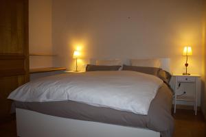 um quarto com uma grande cama branca e 2 candeeiros em Les Clèdes du Mazel em Banne