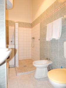a bathroom with a toilet and a sink and a shower at City Center Apartment in Budapest