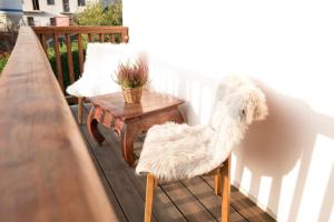 un perro blanco sentado en un porche con una mesa en Le Jasmin, en Aosta