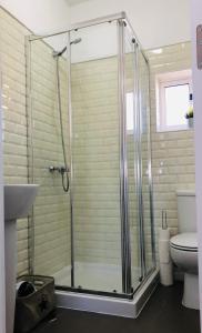 a bathroom with a shower and a toilet at Sea & Beach Apartment in Costa da Caparica