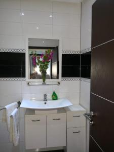 a bathroom with a white sink and a vase of flowers at Luxus Apartments in Kelibia