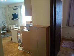 a kitchen with a cabinet and a desk in a room at Apartman Nina Vojvode Stepe Vozdovac in Voždivac