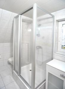a shower with a glass door in a bathroom at Star Camp Cosa, Ferienwohnungen, Camping, Schlaffässer in Friedland