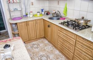 uma cozinha com um lavatório e um fogão forno superior em Zenith Guest House em Kislovodsk