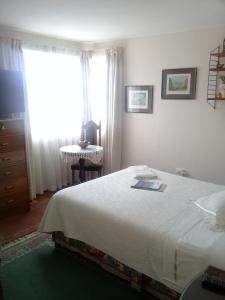 a bedroom with a bed and a window and a table at Hostal Don Mariano in Concepción