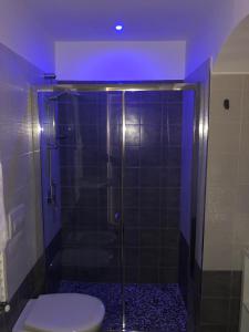 a bathroom with a toilet and a shower with a purple light at Sulle note dei Sassi Holiday Home in Matera +38 photos