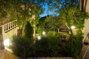 um jardim com uma casa com luzes e árvores em Apartments Marinko em Povile