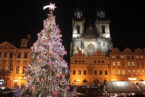 a christmas tree in front of a large building at Conifer Cottage IdyllicPrague in Prague