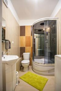 a bathroom with a shower and a toilet and a sink at Studio Apartment Petrzalka Air-Conditioned 24h check-in in Bratislava