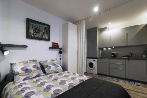 1 dormitorio pequeño con 1 cama y cocina en Cosy appartement Bayonne historique, en Bayona