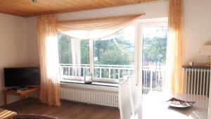 een woonkamer met een groot raam en een televisie bij Ferienwohnung Gesine in Leer