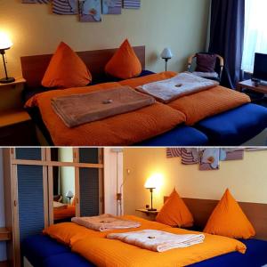 two pictures of a bed in a room at Hotel Garni in Herborn
