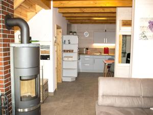 a kitchen and living room with a wood burning stove at Ferienhaus F.Winkler in Neukalen