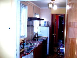 a kitchen with a sink and a refrigerator at 1 ком квартира Соборная-Макарова Wi-Fi, Макдональдс, самый центр Николаева 2 дивана 2 этаж in Mykolaiv