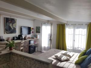 um quarto com uma cama com cortinas verdes e uma televisão em Chambre d'Hôte - Mas Le Barret em Arles