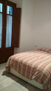 Un dormitorio con una cama con una manta a cuadros. en Calle Herbolarios, en Sevilla