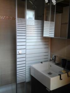 uma casa de banho com um lavatório branco e um chuveiro em les Millefonds em Valdeblore