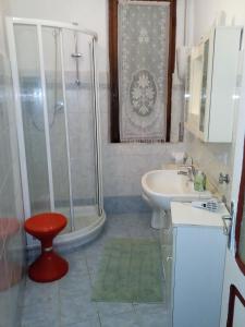 a bathroom with a shower and a sink and a toilet at Appartamenti Il Leone in Pienza