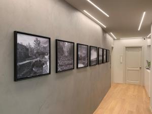 un groupe d'images sur un mur dans un couloir dans l'établissement Palazzo Vasarri - Luxury design suites, à Montevarchi