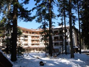 a building in the snow in front of trees at Borovets Apartment, Villa Park in Borovets