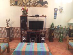 a living room with a tv and a table at Casa Canta Rana in Fronteras