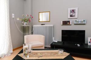 sala de estar con TV, silla y mesa en Cosy Apartment in the Centre of Komotini, en Komotiní