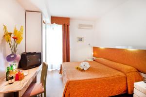 pokój hotelowy z łóżkiem, biurkiem i telewizorem w obiekcie Hotel Canguro w mieście San Benedetto del Tronto