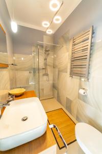W łazience znajduje się biała umywalka i prysznic. w obiekcie Apartament przy Wyspie Młyńskiej w Bydgoszczy