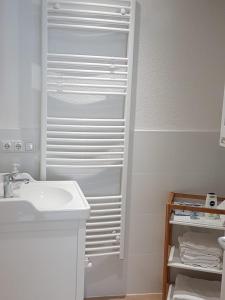 een badkamer met een wastafel en een witte kast bij Hexen-Suite in Bad Harzburg