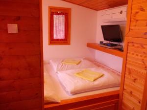 a small bedroom with two beds and a television at Minilux Studio in Berekfürdő