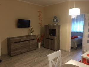 a living room filled with furniture and a tv at Etna Polonia Apartamenty in Kołobrzeg