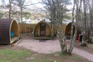 a group of three tents in a yard at Pine Marten Bar Glenmore Pods in Aviemore