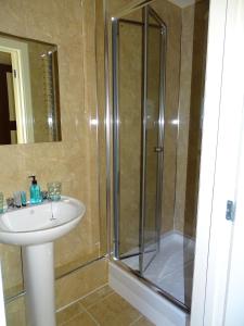 een badkamer met een douche en een wastafel bij Ellesmere Hotel in Ellesmere